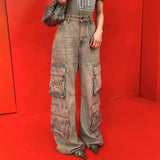 MIJKO Mens Vintage Pants Multi Pocket Make Old Wide Leg Unisex Jeans