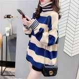 Women Knitwear Autumn and Winter Turtleneck Striped Sweater Loose Sweater