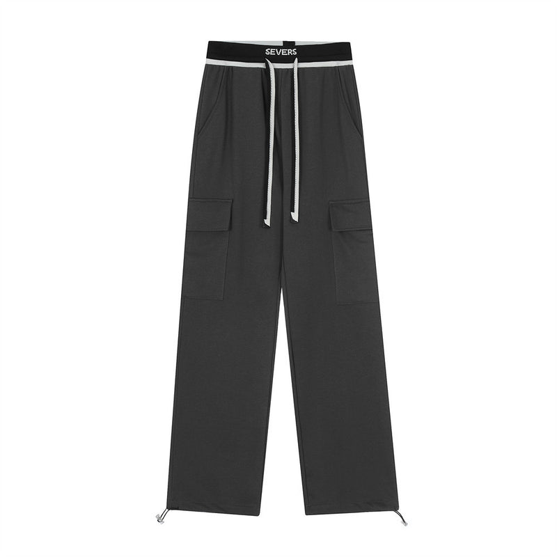 Men Sweatpants Draping Casual Trousers Multi-Pocket Straight Sports Pants Drawstring Jogger Pants