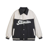Unisex Winter Cotton Coat Retro Patchwork Contrast Color Letter Tide Polo Collar Jacket Baseball Uniform