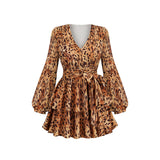 Women Dresses Autumn Sexy V-neck Leopard Print Dress Long Sleeve Lantern Sleeve (Zns0409)