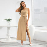 Women Date Dress Sexy Sleeveless V-neck Slit Slim Fit Long Dress