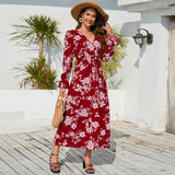 Women Date Dress Autumn and Winter Leisure Floral Print Long Sleeve Lace up Casual Dress Maxi Dress