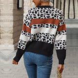 Women Knitted Sweater Casual Leopard Print Long Sleeve Sweater