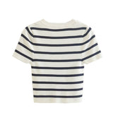 Women Sweater Knitwear Autumn Crew Neck Short Sleeve Stripe Knitted T-shirt Top