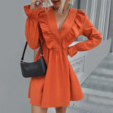 Women Dress Spring and Summer Long Sleeves V-neck Dress