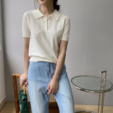 Women Knitted T-shirt Polo Short Sleeve Summer Lapels T-shirt