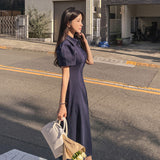 Women Dresses Polo Collar Lapel Puff Sleeve A- line Expansion Skirt Dress