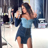 Women Dresses Summer Casual Slim Fit Skirt Sexy Slit Denim Skirt