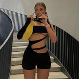 Women Jumpsuit Summer Hollow Shoulder Sleeve Short Jumpsuit