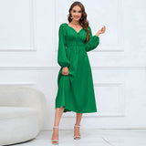 Women Date Dress Slim-Fit Long Sleeve V-neck Lace-up A- line Dress Lantern Sleeve Dress
