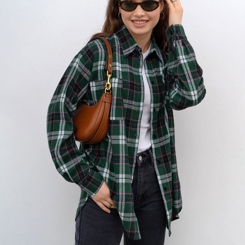 Women Trench Coat Winter Retro Plaid Long Sleeve Shirt Loose Casual Shirt