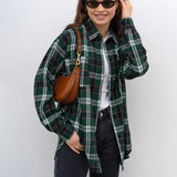 Women Trench Coat Winter Retro Plaid Long Sleeve Shirt Loose Casual Shirt