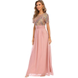 Women Evening Gown Sexy Chiffon Stitching Sequins Dress