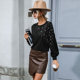 Women Knitted Sweater Autumn Winter Retro Top Bead Long Sleeve Black Sweater
