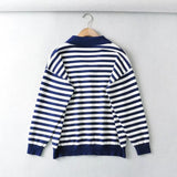Women Sweater Knitwear Polo Collar Striped Knitted Cardigan Single-Breasted Sweater Coat