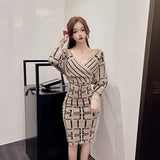 Women Maxi Dress Autumn and Winter V-neck Knitted Dress Package Hip Sweater Dress