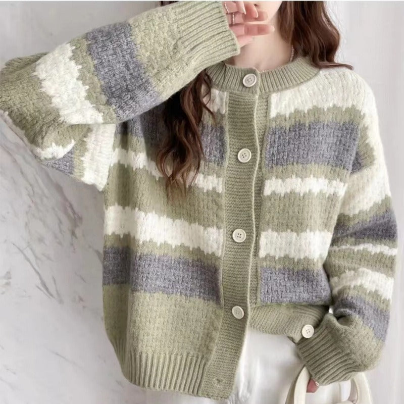 Women Knitwear Autumn and Winter Striped round Neck Sweater Loose Knitted Cardigan