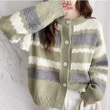Women Knitwear Autumn and Winter Striped round Neck Sweater Loose Knitted Cardigan