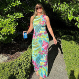 Women Dresses Summer Casual Backless Floral Print Slim Fit Dress (Bla0420)