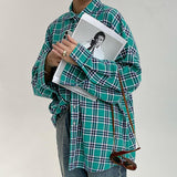 Women Trench Coat Retro Plaid Long Sleeve Shirt Casual Overshirt