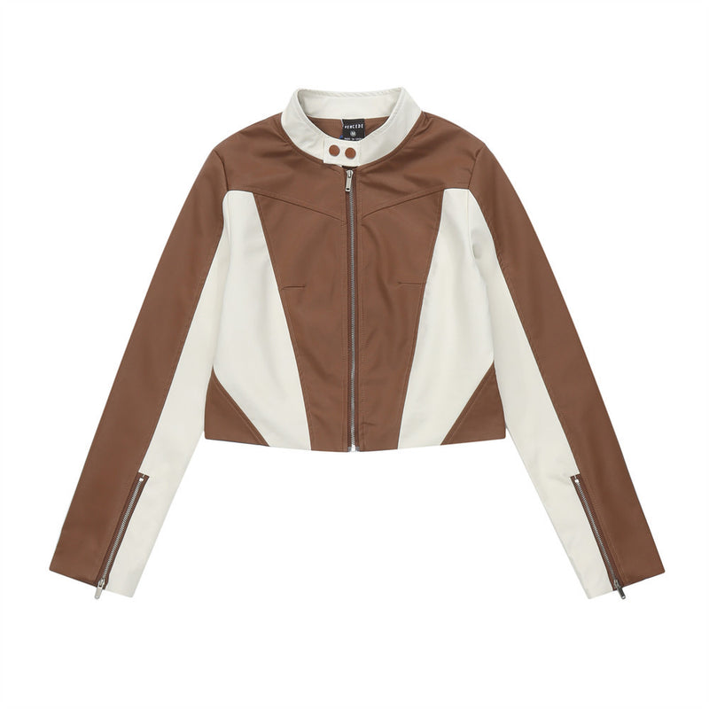 Women Jacket Color Matching PU Leather Short Coat Motorcycle Clothing Jacket