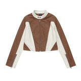 Women Jacket Color Matching PU Leather Short Coat Motorcycle Clothing Jacket