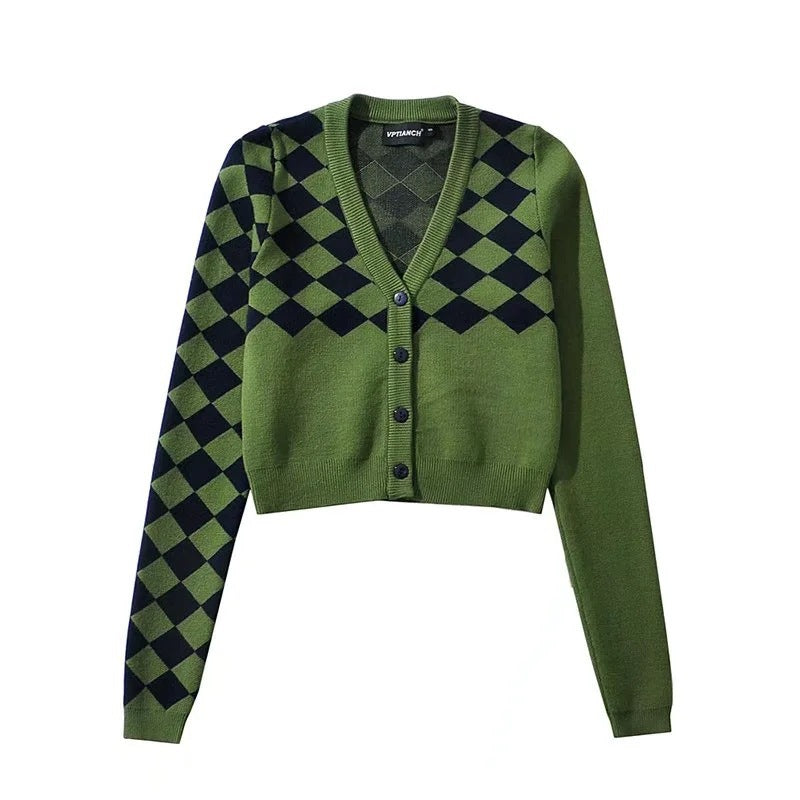 Women Sweater Knitwear Vintage Diamond Plaid V-neck Single Breasted Long Sleeve Knitted Cardigan