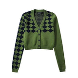 Women Sweater Knitwear Vintage Diamond Plaid V-neck Single Breasted Long Sleeve Knitted Cardigan