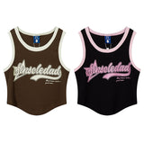 Women Vest Old School Letter Printing Color Contrast Sleeveless T-shirt