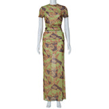 Women Co-Ord Set Floral Printed Mesh T-shirt Sheath Dress Suit