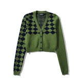 Women Sweater Knitwear Vintage Diamond Plaid V-neck Single Breasted Long Sleeve Knitted Cardigan