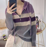 Women Knitwear Spring and Autumn Zipper Hooded Sweater Loose Knitted Cardigan