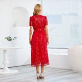 Women Date Dress Slim Fit Embroidered Leaves Sequin Gauze Dress Skirt