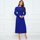 Women Date Dress Fall/Winter Slim Long Sleeve round Neck Pleated Long Dress