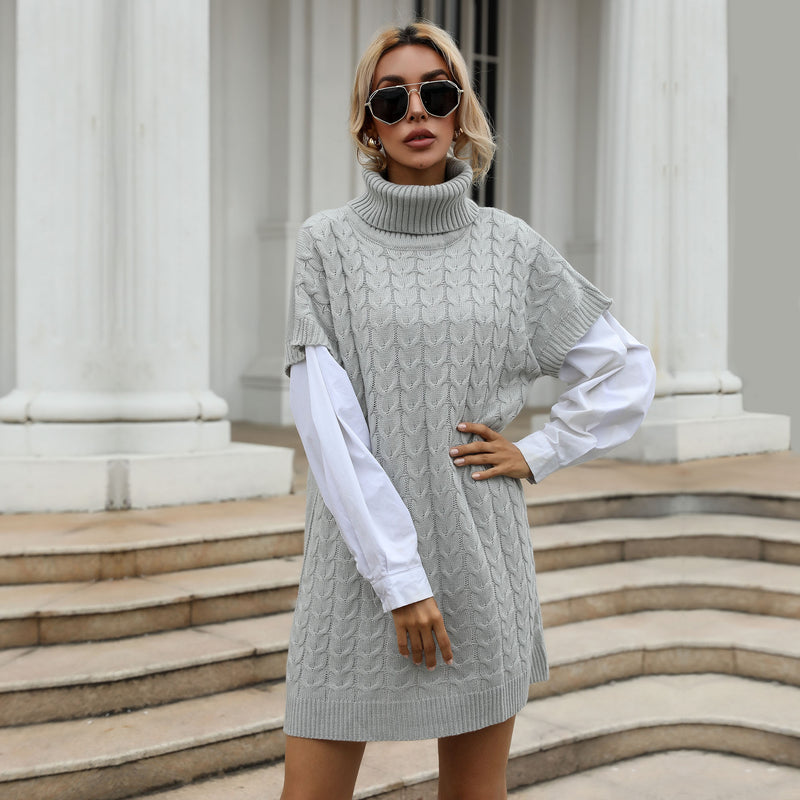 Women Knitted Sweater Autumn Knitted Long Vest High Collar Sweater Dress