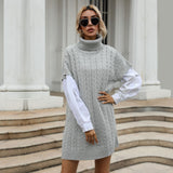 Women Knitted Sweater Autumn Knitted Long Vest High Collar Sweater Dress