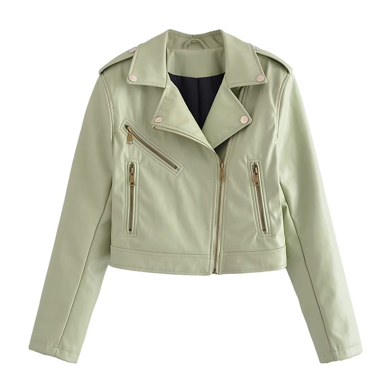 Women Leather Jacket Fall Lapels Long Sleeve Pocket Imitation Leather Jacket Coat