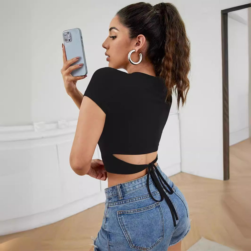 Women T-shirt round Neck Top Back Tied High Waist T-shirt Summer Top