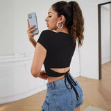 Women T-shirt round Neck Top Back Tied High Waist T-shirt Summer Top