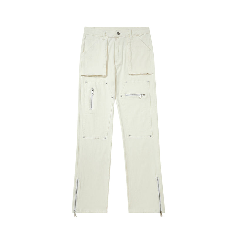Men Sweatpants Cargo Casual Trousers Pocket Straight-Leg Pants Denim Zipper Pants