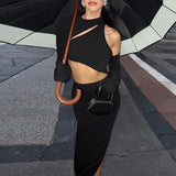 Women Dresses Winter Sexy Cutout Slim Fit round Neck Long Sleeves Dress