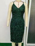 Women Evening Gown Sexy Sling Vintage Green Sequins Dress