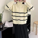 Women Knitwear Fall and Winter Lapels Striped Zip Sweater Loose Knitted Cardigan