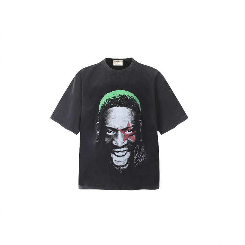 Mens T-shirts Rodman Star BIG FACE Vintage Washed Old Short Sleeves