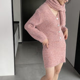 Women Knitted Two-Piece Set Cardigan Skirt Scarf Three-Piece Set Button Knitted Sweater Casual Suit 1t8852