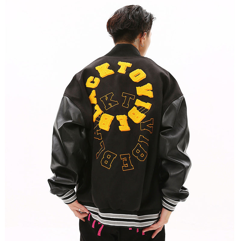 Men Jacket Coat Embroidered Letter Baseball Uniform Coat Sleeve Stand Collar Jacket Motorcycle Clothing Men