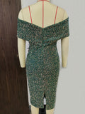 Women Evening Gown Sexy Retro Backless Green Sequins Dress
