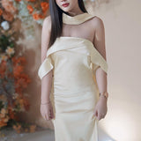 Women Dresses Summer Slim Fit Long Dress Satin off-the-Shoulder Dress