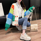 Women Knitted Cardigan Colorful Towel Embroidery Sweater Cardigan Autumn Loose Knitted Coat
